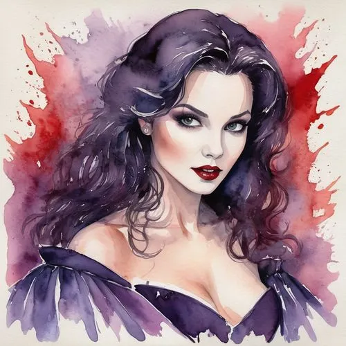 vampira,vampire woman,vampire lady,la violetta,watercolor pin up,vampire,venetia,femme fatale,widowmaker,scarlet witch,dracula,fantasy portrait,violet,watercolor,daphne,digital painting,jane russell-female,maraschino,fashion illustration,watercolor painting,Illustration,Paper based,Paper Based 25