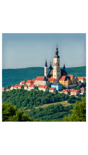 Hungarian landscape, scenic view, rolling hills, traditional village, colorful houses, ornate church towers, Baroque architecture, intricate stone carvings, warm afternoon light, soft focus, 3/4 compo