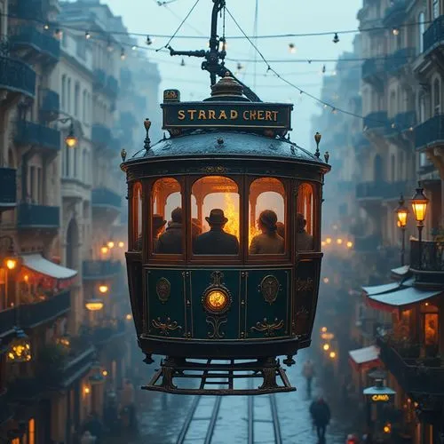 victorian steampunk sky trolly carrys passengers,istiklal,gondolas,gondola,cablecar,cable car,cable cars