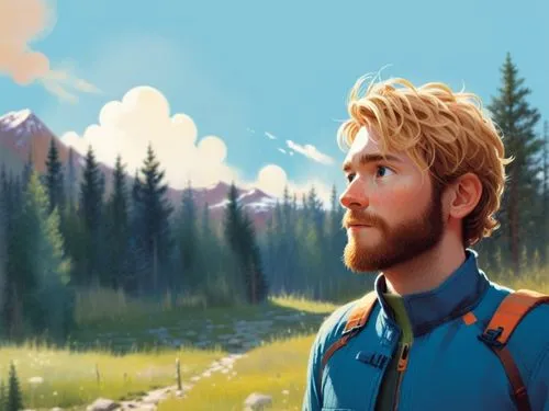 a 2d drawing, vector style of a 30 year old man. He has brown hairs and a brown beard,the man has red hair and beard wearing blue shirt,denali,bunyan,world digital painting,felix,kjellberg,landscape b