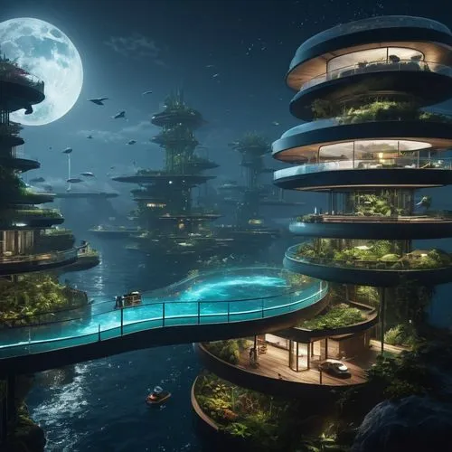 futuristic landscape,floating islands,futuristic architecture,sky space concept,artificial island,floating island,artificial islands,japanese architecture,aqua studio,floating huts,asian architecture,imperial shores,concept art,underwater oasis,sky apartment,fantasy landscape,tree house hotel,mushroom island,utopian,development concept,Photography,General,Fantasy