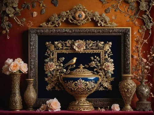 decorative frame,centrepiece,floral ornament,funeral urns,rococo,china cabinet,tabernacle,bernini altar,floral arrangement,the throne,interior decor,corinthian order,floral decorations,golden candlestick,baroque,gold ornaments,golden pot,cabinet,mantle,vase,Illustration,Realistic Fantasy,Realistic Fantasy 08