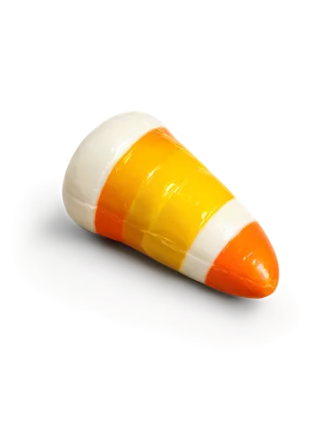 colorful candy corn, transparent background, solo, yellow and white stripes, glossy surface, rounded shape, detailed texture, morning light, 3/4 composition, shallow depth of field, warm color tone.,a