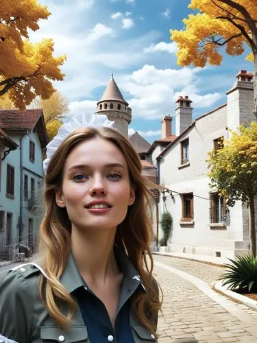 A 30-year-old French maid laughing her head off on the street.,a girl standing on a cobblestone street in front of a colorful castle,delpy,autumn background,greenscreen,dunrobin,french digital backgro