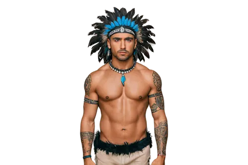 Mayan warrior, ancient civilization, feathered headdress, intricate tattoos, muscular arms, ceremonial attire, layered loincloth, beaded necklace, fierce expression, strong jawline, mysterious eyes, a