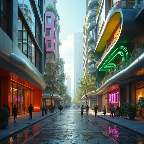 microdistrict,pedestrianized,3d rendering,transbay,broadmead,urban design,sanlitun,colorful city,futuristic architecture,cybercity,urbanworld,mvrdv,citycenter,smart city,streetscape,europan,renderings,futuristic landscape,whampoa,shopping street,Photography,General,Realistic