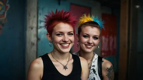 redheads,punk,two girls,mohawk hairstyle,smiley girls,mohawk,punk design,pixie-bob,young women,sisters,beautiful photo girls,rockabilly style,joint dolls,portrait photographers,pin up girls,pretty women,beautiful women,artificial hair integrations,pretty girls,photo shoot for two