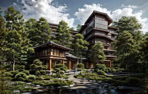 chinese architecture,asian architecture,japanese architecture,eco hotel,danyang eight scenic,3d rendering,residential tower,render,timber house,hotel complex,eco-construction,guizhou,apartment buildin