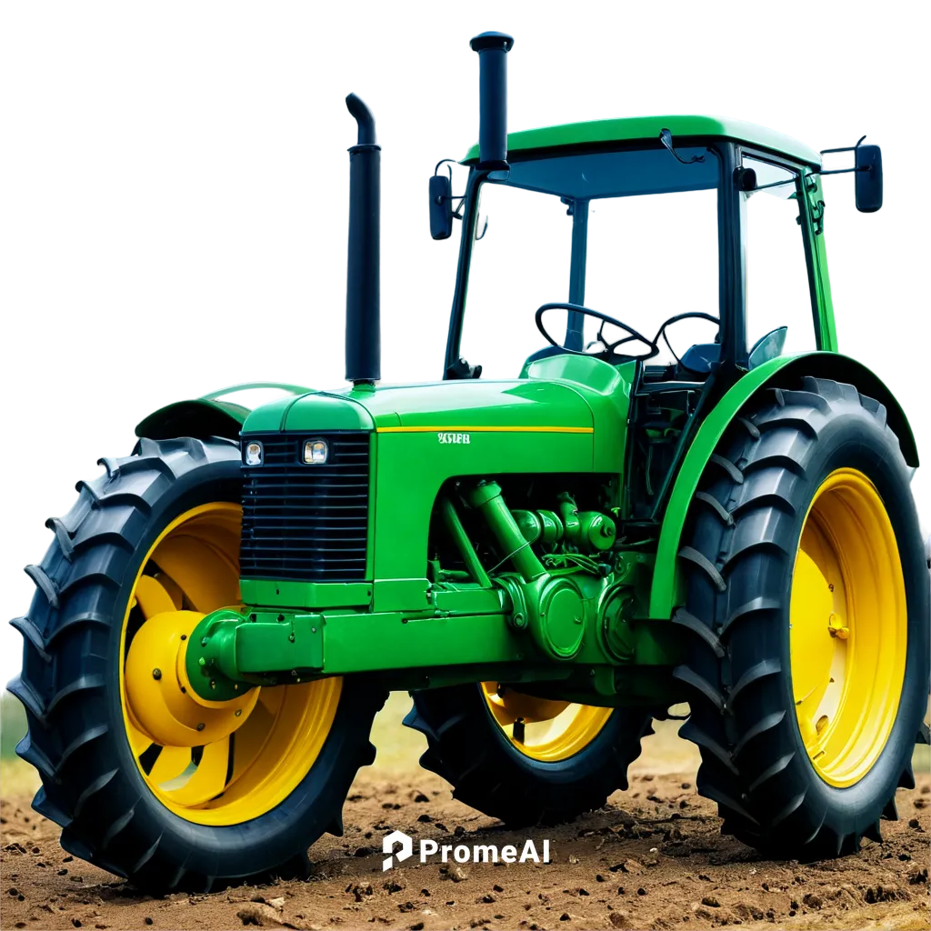 Tractor, agricultural machine, green body, metallic sheen, large wheels, detailed engine, exhaust pipe, steering wheel, driver's seat, rural setting, sunny day, soft focus background, shallow depth of