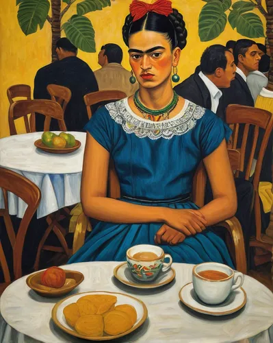 woman at cafe,woman drinking coffee,women at cafe,woman holding pie,woman sitting,woman eating apple,girl with bread-and-butter,cuban food,woman with ice-cream,puerto rican cuisine,yolanda's-magnolia,frida,hispanic,girl with cereal bowl,peruvian women,pandero jarocho,el salvador dali,nicaraguan cordoba,the coffee shop,cuban,Art,Artistic Painting,Artistic Painting 31