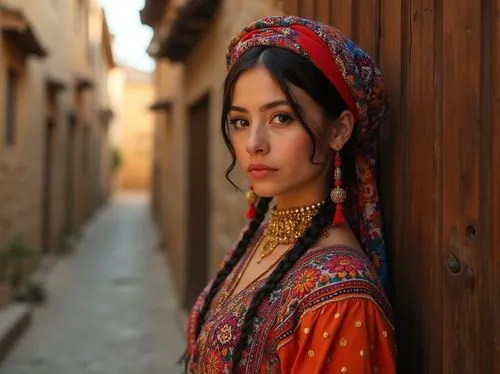 Regionalism style, local culture reflection, colorful traditional clothing, intricate embroidery, folk accessories, vibrant headscarf, golden jewelry, warm earthy tone, rustic wooden background, old s