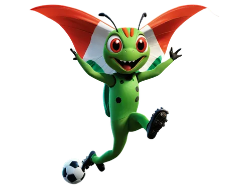 Stadium scene, daytime, Mexican flag colors, multiple grasshoppers, vibrant green wings, large compound eyes, long antennae, athletic uniforms, soccer balls, goalposts, dynamic poses, jumping, kicking