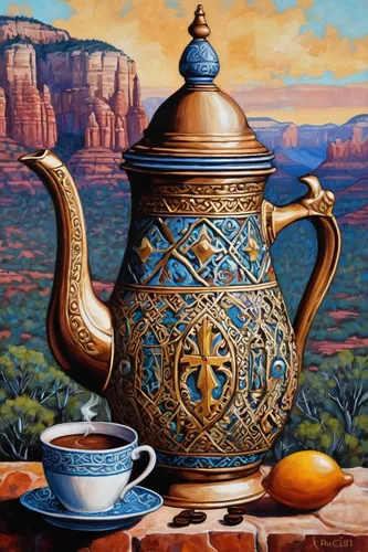 """Coffee' Pot in Sedona"" original fine art by K.R. McCain",arabic coffee,turkish coffee,fragrance teapot,coffee pot,asian teapot,samovar,tea pot,teapot,tea service,vintage teapot,arabica,golden pot,