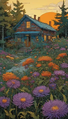 summer cottage,cottage,summer evening,home landscape,summer meadow,maine,the cabin in the mountains,alpine meadow,clover meadow,alpine meadows,salt meadow landscape,cottage garden,meadow in pastel,flower in sunset,field of flowers,country cottage,blooming field,flower field,alpine aster,wild meadow,Illustration,Realistic Fantasy,Realistic Fantasy 12