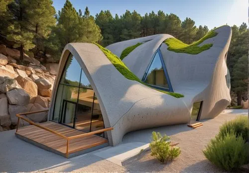 A modern House made with cement and  patin tree materials placed in a rocky Mountain enviroment, the buildning wants to mimic it's rocky enviroment and blend in the rocky enviroment,dunes house,cubic 