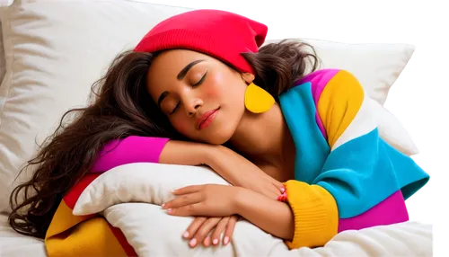 Cartoon character, sleeping, hat on head, colorful clothing, relaxed posture, soft facial expression, closed eyes, gentle smile, fluffy bed, white pillow, cozy blanket, warm lighting, shallow depth of