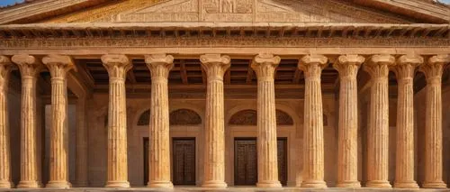 Human scale, ancient Greek temple, marble columns, ornate carvings, grand entrance, symmetrical facade, intricate stone patterns, detailed roof tiles, subtle weathering effects, warm golden lighting, 