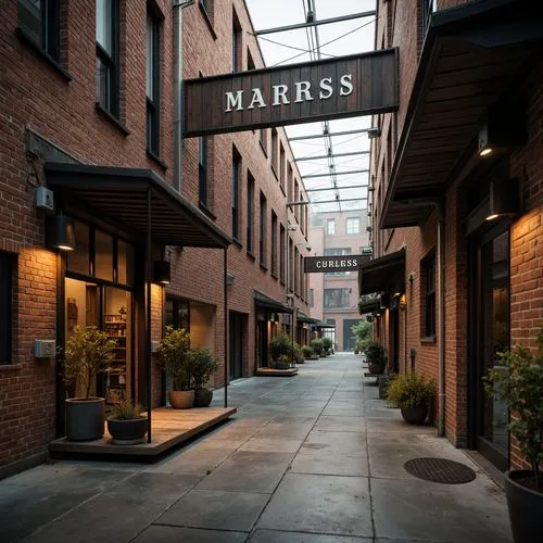 Rustic warehouse facade, exposed brick walls, metal corrugated roofing, industrial steel beams, wooden loading docks, distressed wood accents, vintage pulley systems, worn concrete floors, reclaimed w