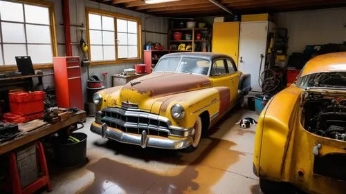 an old yellow and brown car in a garage,aronde,opel record p1,studebaker,garage,hotrods,old cars,auto repair shop,willys,packards,studebakers,underground garage,stultz,oldtimer,vintage cars,type w100 