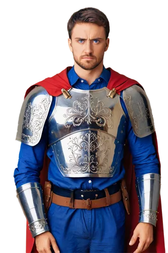 Saint Judas, male, medieval knight, golden armor, red cape, sword in hand, muscular build, determined facial expression, short brown hair, blue eyes, soft focus, warm lighting, shallow depth of field,