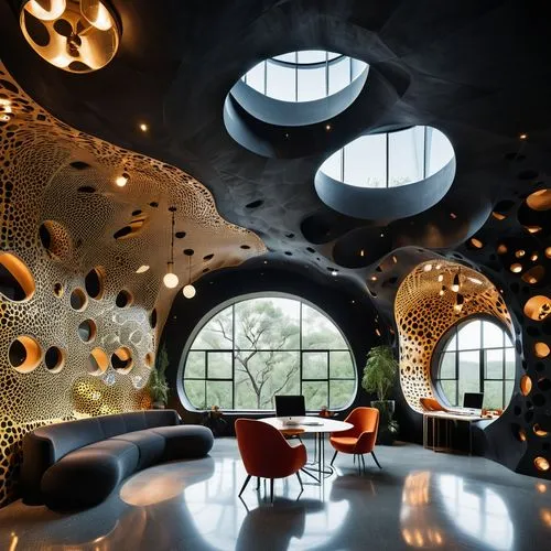 Illustrate a symmetrical and visually stunning aerial perspective of an office atrium room housed within a massive, two-level black cave, reminiscent of giant cubes. Infuse the space with elastic and 