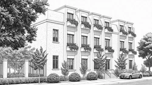 Irvine,an illustration of a city street corner with several apartment buildings,facade painting,residencial,habitaciones,inmobiliaria,rowhouses,townhouses,Design Sketch,Design Sketch,Detailed Outline