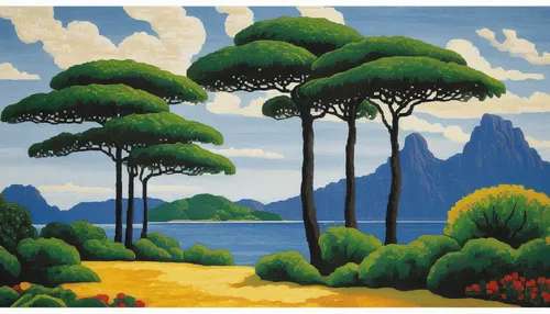 coastal landscape,an island far away landscape,madagascar,landscape with sea,khokhloma painting,beach landscape,mountain scene,landscape,forest landscape,tropical and subtropical coniferous forests,palma trees,olle gill,pine trees,cool woodblock images,polynesia,kei islands,mushroom landscape,capri,travel poster,mountainous landscape,Art,Artistic Painting,Artistic Painting 06