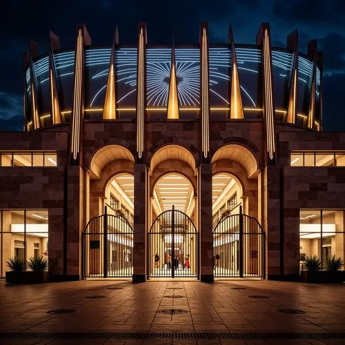 Geometric Art Deco stadium facade, ornate metal gates, grand entrance archways, luxurious marble columns, vibrant neon lights, curved lines, zigzag patterns, metallic materials, symmetrical compositio