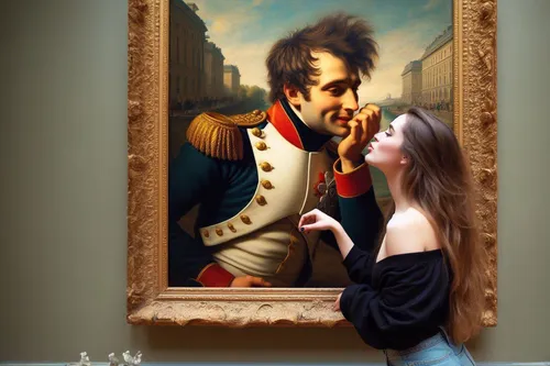 romantic portrait,art dealer,art gallery,italian painter,popular art,art world,fine art,vintage art,art painting,napoleon iii style,artistic portrait,art museum,girl in a historic way,photo painting,distracted,young couple,mozart,woman playing,boy kisses girl,the girl's face