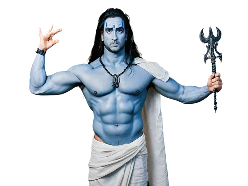 Hindu god Shiva, powerful masculine face, third eye on forehead, blue skin, long black hair, silver jewelry, white dhoti, sacred thread, trident in hand, serpent around neck, angry expression, dramati