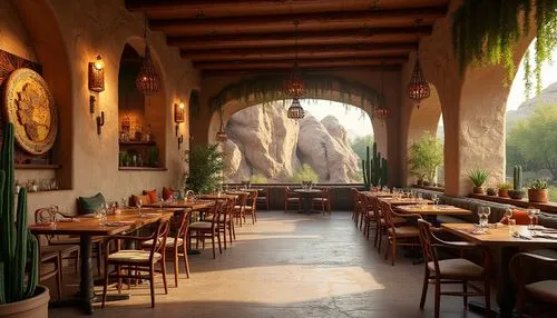 Southwestern-themed restaurant, rustic canyon-inspired interior, earthy tones, wooden accents, stone walls, natural rock formations, lush greenery, hanging vines, lanterns, warm lighting, cozy atmosph