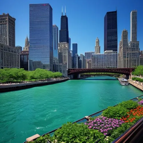 Chicago Architecture Foundation River Boat Tour, summer afternoon, sunny sky, gentle Lake Michigan waves, sleek modern riverboat, wooden deck, steel railings, comfortable cushioned seats, knowledgeabl