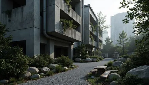 Rugged brutalist building, exposed concrete walls, industrial pipes, urban landscape, dense foliage, overgrown vegetation, harsh rocky terrain, gravel pathways, weathered steel benches, abstract sculp