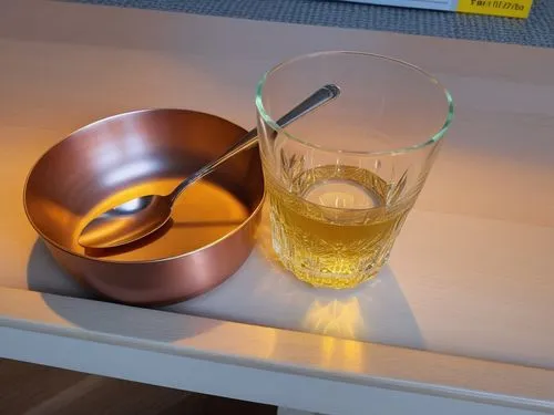 a glass cup and a saucer sit on the counter,japanese tea,suntory,tea light holder,sazerac,whiskey glass,minibar,Photography,General,Realistic