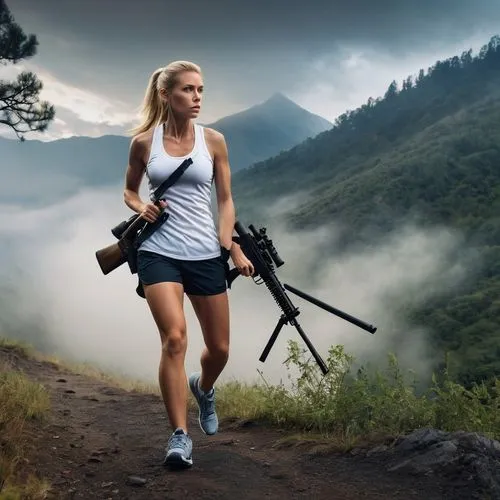 ultrarunning,biathlete,nordic walking,female runner,trekking,ultramarathon,mountain hiking,trail running,run uphill,girl with gun,trekking poles,woman holding gun,hiking,mountain climber,hike,hiker,girl with a gun,lori mountain,hikes,sackhoff,Art,Classical Oil Painting,Classical Oil Painting 22