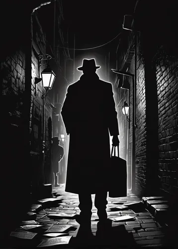 film noir,detective,black city,al capone,blind alley,sherlock holmes,private investigator,holmes,investigator,film poster,mafia,inspector,gunfighter,mobster,in the shadows,bram stoker,undertaker,man silhouette,rorschach,smooth criminal,Illustration,Black and White,Black and White 31