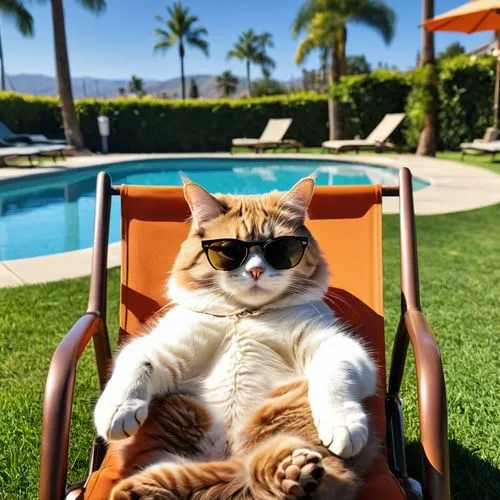  image of a cat, wearing "deal with it" glasses, lying down in a lawn chair with a coffee, next to a pool. Hot sunny california day, palms,sunlounger,to sunbathe,scottish fold,lounger,cat resting,sun 