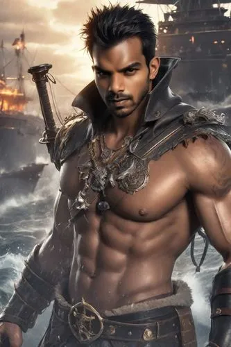 a fierce-looking male, a villain, a masterful villain, a cloak of rage, a bare chest, a chest of black and lightning, stands tall on the deck of a majestic valerie ship. The battle ship is flanked by 