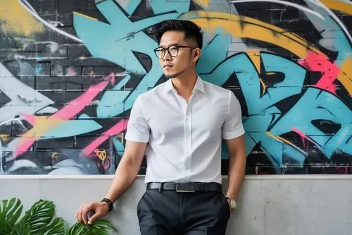 Asian male architect, 35yo, PWP landscape architecture style, Jewel Changi Airport design inspiration, standing, hands behind back, black hair, glasses, white shirt, black trousers, leather belt, brow