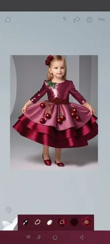 3d fashion drawing for satin dress for kids with three layers kalosh . first layer is  rose with dark burgundy sequin cherries and sequins branches drawn on cherries it.second layer is burgundy.third 