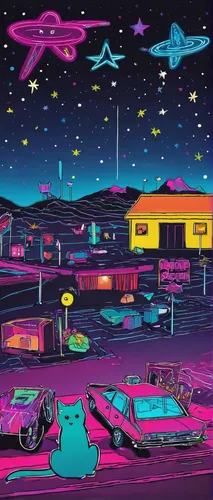 ufos,neon ghosts,space ships,area 51,spaceships,ufo interior,space port,alien world,electric gas station,alien planet,spaceship space,ufo,moon car,night highway,holiday motel,retro diner,motel,futuristic landscape,extraterrestrial life,alien invasion,Illustration,Children,Children 06