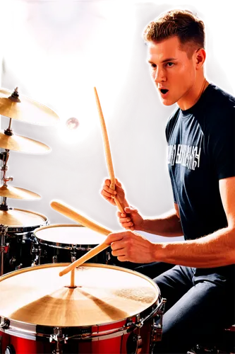 Dynamic drumsticks, loud crash cymbal, shiny chrome finish, detailed drumhead, vibrant red drumset, energetic drummer, sweaty arm, intense facial expression, spotlight shining down, dramatic shadows, 