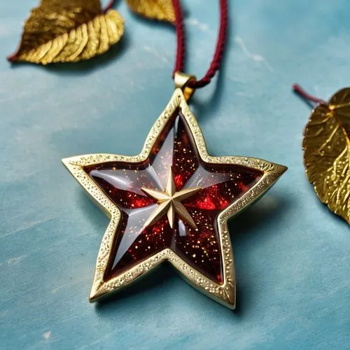 criar pingente em formato de estrela, feito de resina e madeira, cordão de couro marrom, brilhos cintilantes, folhas de ouro dentro, cores ouro e vermelho,a red and gold star brooch sits on a blue sur