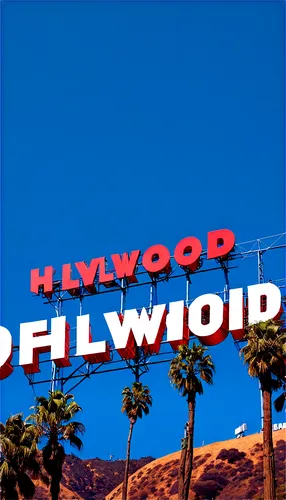 Hollywood sign, large letters, white and red colors, iconic landmark, Los Angeles, California, USA, sunny day, clear blue sky, slight mist, 3/4 composition, shallow depth of field, warm color tone, ci