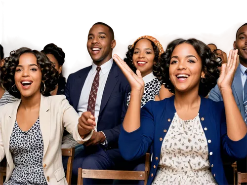 Studio audience, clapping hands, cheering crowd, excited faces, mixed ages, casual clothing, spotlights, dim background, microphones, wooden chairs, warm atmosphere, soft focus, shallow depth of field