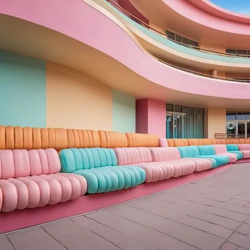 theater building where the seating and exterior facade mimic layers of macarons, with different sections featuring pastel colors. The rounded shapes and smooth surfaces resemble the curves of the swee