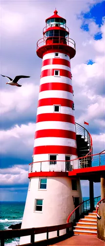 Lighthouse, seaside, towering structure, cylindrical shape, white and red stripes, lantern room, glass windows, spiral staircase, waves crashing, seagulls flying, cloudy sky, warm sunlight, 3/4 compos