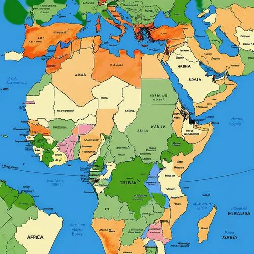 "Create a detailed fantasy world map where Europe and Asia are directly connected through a shared border between Saudi Arabia and Spain. In this world, Africa does not exist. The map should depict th