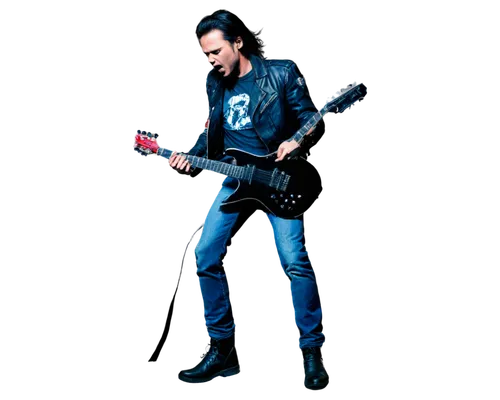 Metal musician, male, aggressive facial expression, black hair with red streaks, black leather jacket, metallica T-shirt, blue jeans, black boots, holding electric guitar, playing solo, headbanging, s