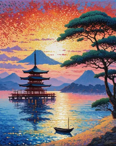 Describe the tranquil beauty of the dojo island at sunset.,japan landscape,japanese art,japan,osaka bay,miyajima,boat landscape,japanese background,beautiful japan,landscape background,painting techni